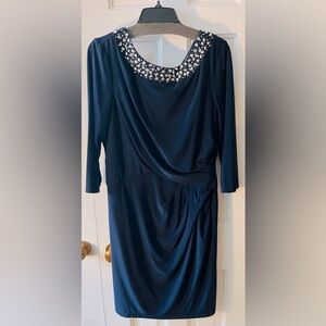 NWOT ALEX EVENING NAVY BLUE Ruched Sheath Dress with 3/4 Sleeves. Size 16.